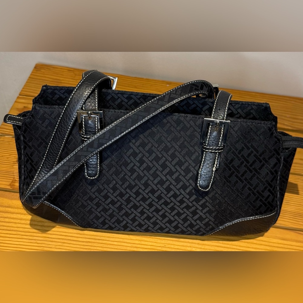 Talbots vintage Shoulder Bag black Jacquard with leather trim EUC Y2K - Picture 3 of 10